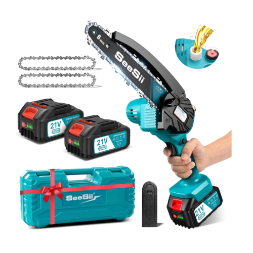 6C10SM 6 Inch Mini Battery Chainsaw 8000mAh Cordless Electric Chainsaw with Lubricant Injector and Replacement Chain, Mini Electric Chain Saw for Garden, 6C10SM